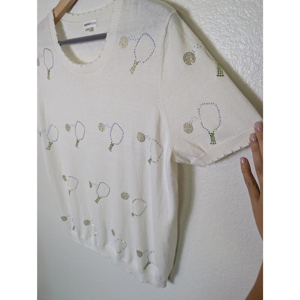 Minnie Rose Cashmere Blend Pickleball White Sweater Shirt Women L Preppy Sporty - Picture 4 of 10